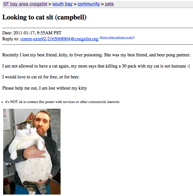 Funny Craigslist Ad #128: Looking to Cat Sit | Funny ☺